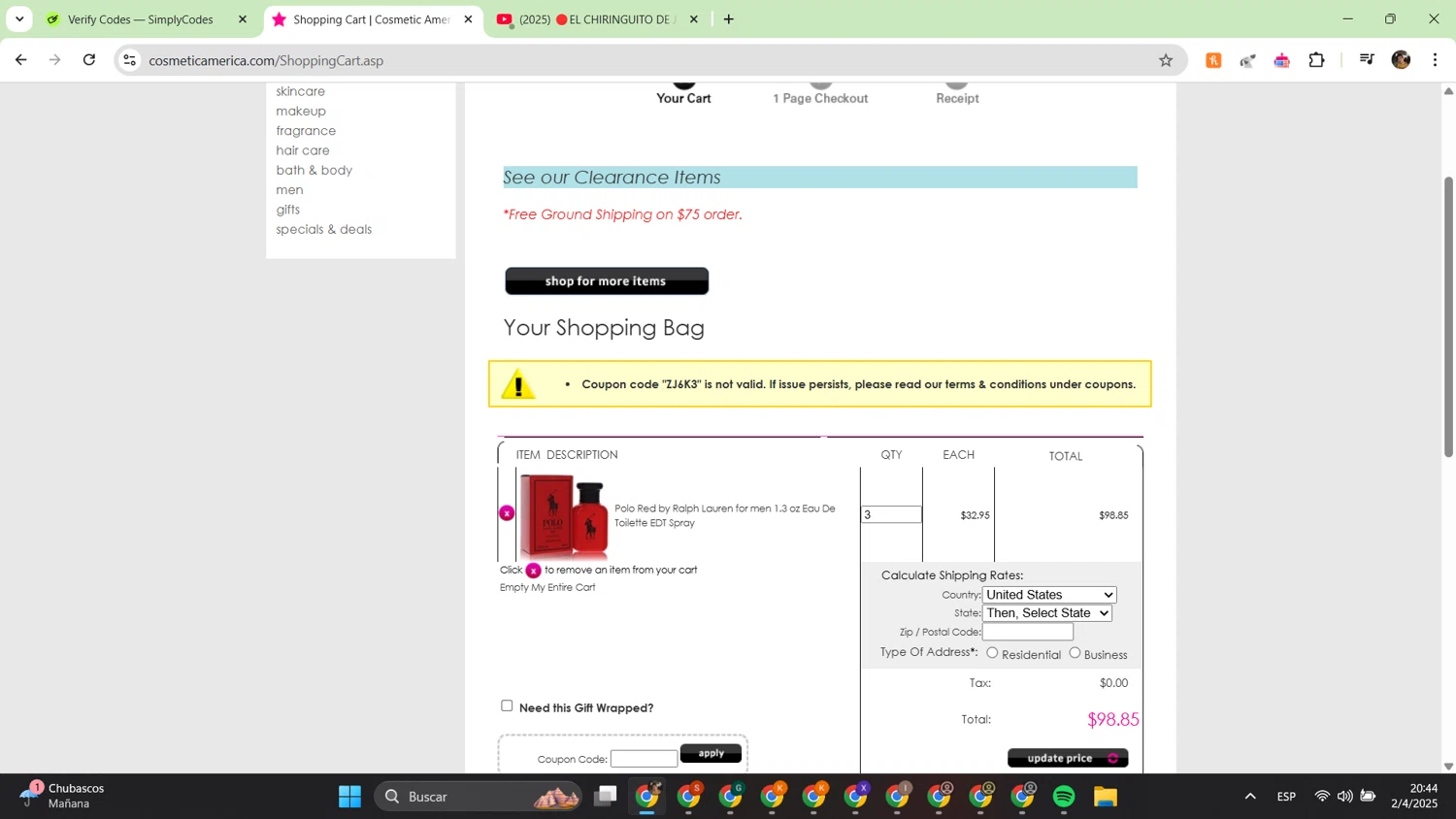 Cosmetic America promo code screenshot showing code ZJ6K3 applied at Cosmetic America checkout page. Uploaded by SimplyCodes community member alfredish on Apr 3, 2025