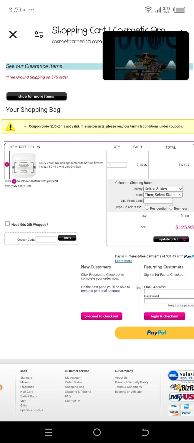Cosmetic America promo code screenshot showing code ZJ6K3 applied at Cosmetic America checkout page. Uploaded by SimplyCodes community member yubligil on Apr 3, 2025