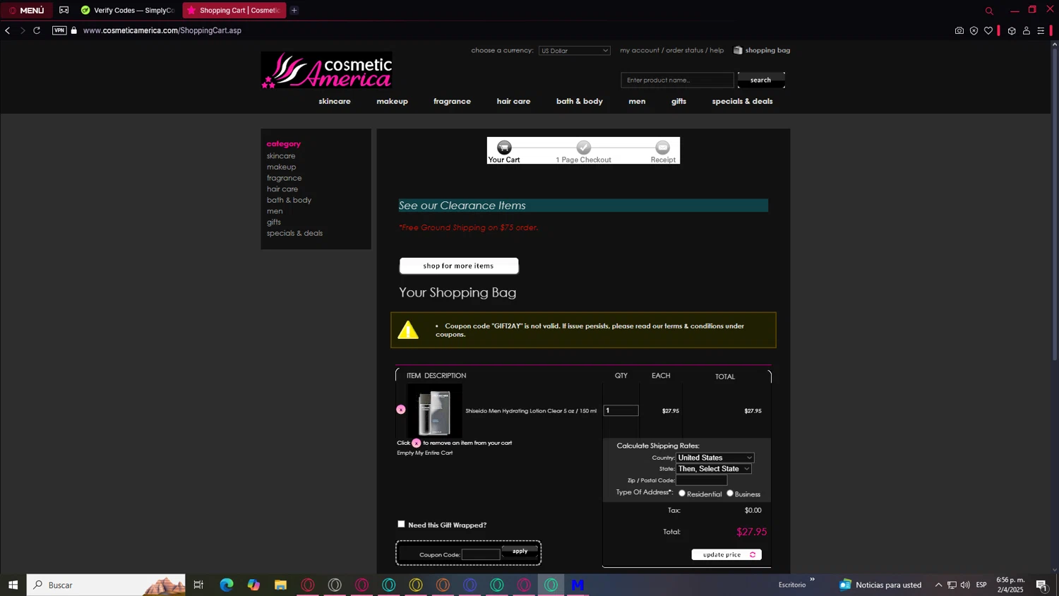 Cosmetic America promo code screenshot showing code GIFT2AY applied at Cosmetic America checkout page. Uploaded by SimplyCodes community member ValueLegend167 on Apr 2, 2025