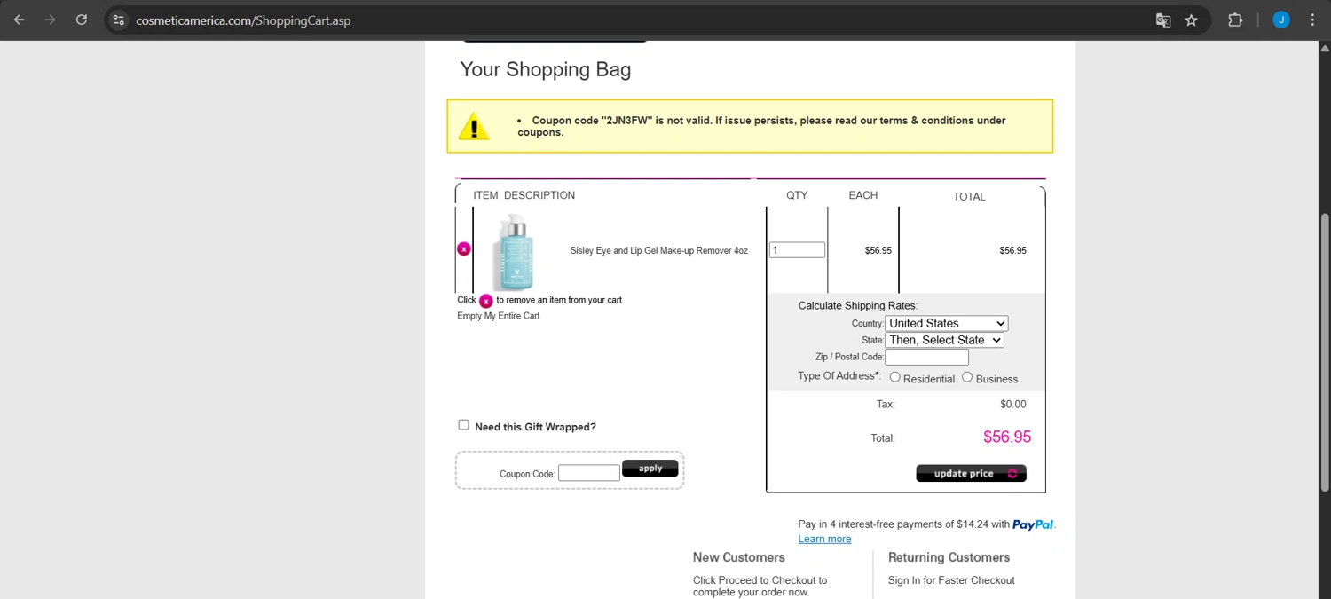 Cosmetic America promo code screenshot showing code 2JN3FW applied at Cosmetic America checkout page. Uploaded by SimplyCodes community member Jeanjc on Apr 2, 2025
