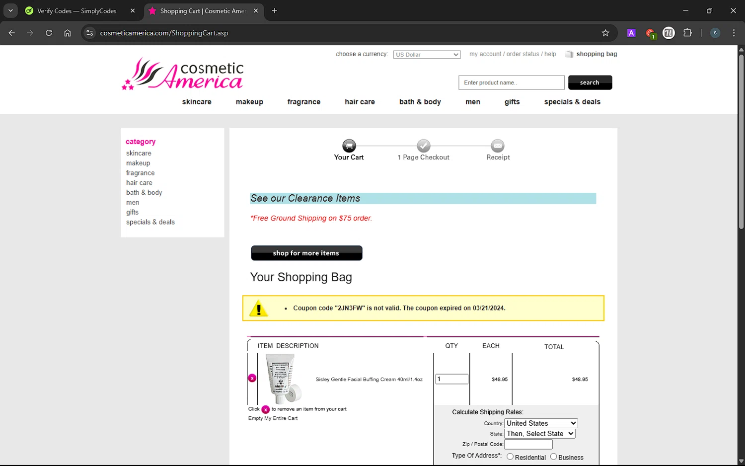 Cosmetic America promo code screenshot showing code 2JN3FW applied at Cosmetic America checkout page. Uploaded by SimplyCodes community member PrimeMaven4654 on Apr 2, 2025