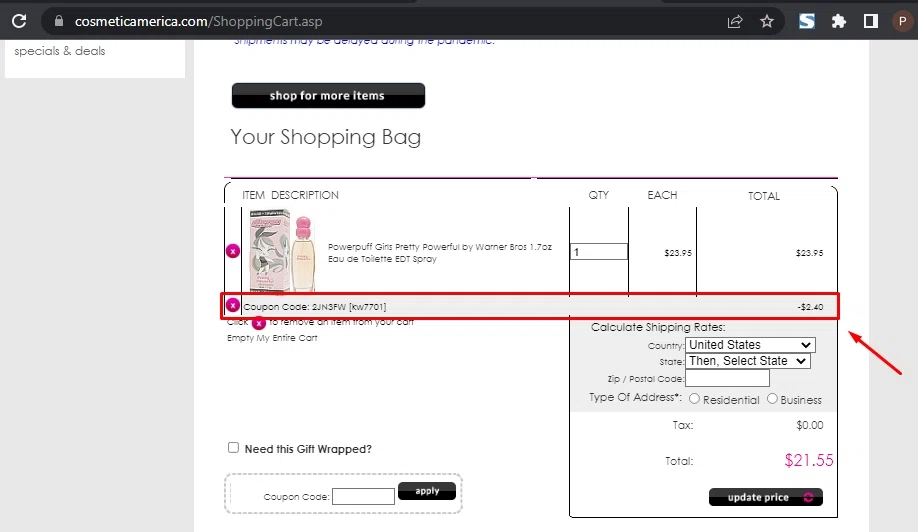 Cosmetic America checkout page showing Cosmetic America promo code box | Screenshot taken by SimplyCodes community member on May 26, 2022