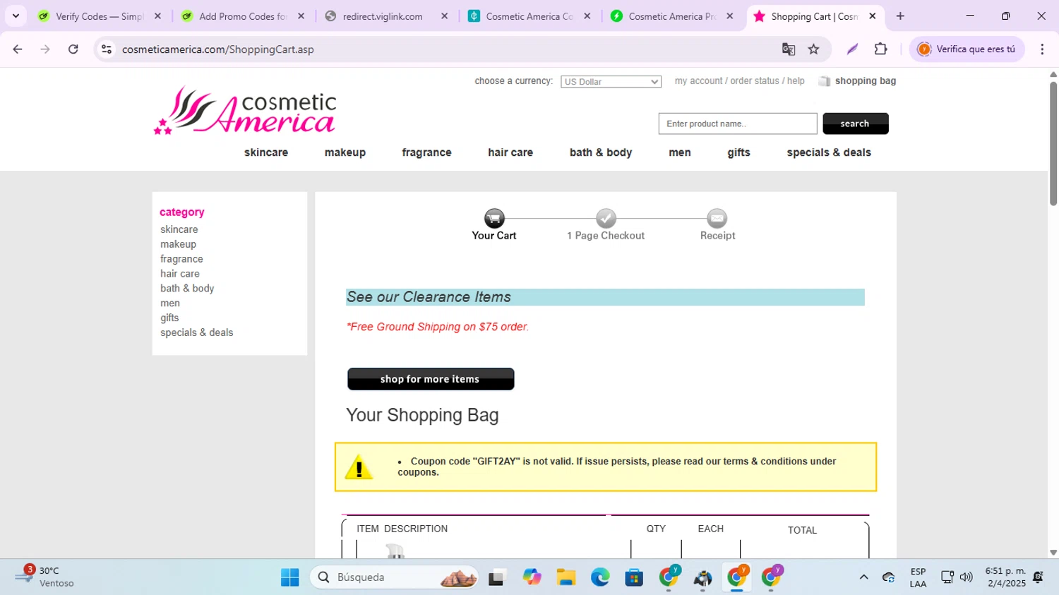 Cosmetic America promo code screenshot showing code GIFT2AY applied at Cosmetic America checkout page. Uploaded by SimplyCodes community member jesusalvarez1 on Apr 2, 2025