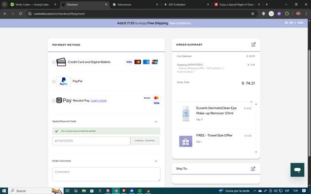 Cosmetis checkout page showing Cosmetis discount code box | Screenshot taken by SimplyCodes community member on Jun 28, 2025