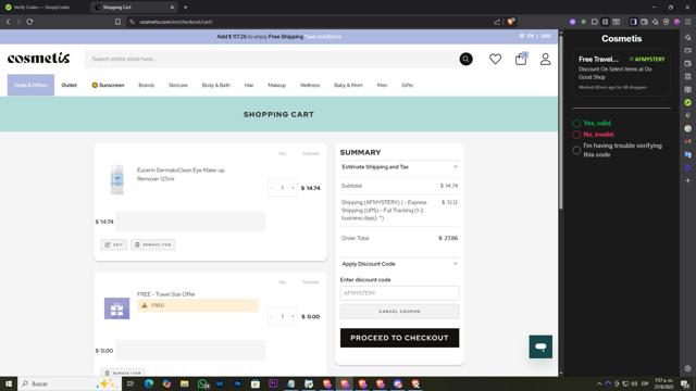 Cosmetis checkout page showing Cosmetis discount code box | Screenshot taken by SimplyCodes community member on Aug 27, 2025