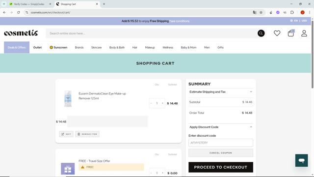 Cosmetis checkout page showing Cosmetis discount code box | Screenshot taken by SimplyCodes community member on Aug 5, 2025