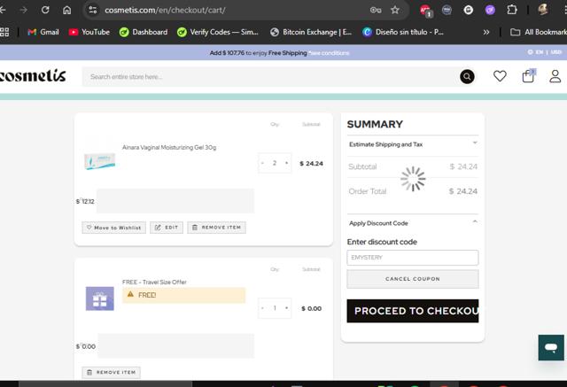 Cosmetis checkout page showing Cosmetis discount code box | Screenshot taken by SimplyCodes community member on Jul 18, 2025