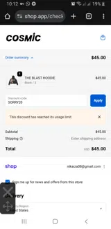 Cosmic Clothing coupon verification screenshot