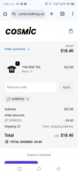 Cosmic Clothing coupon verification screenshot