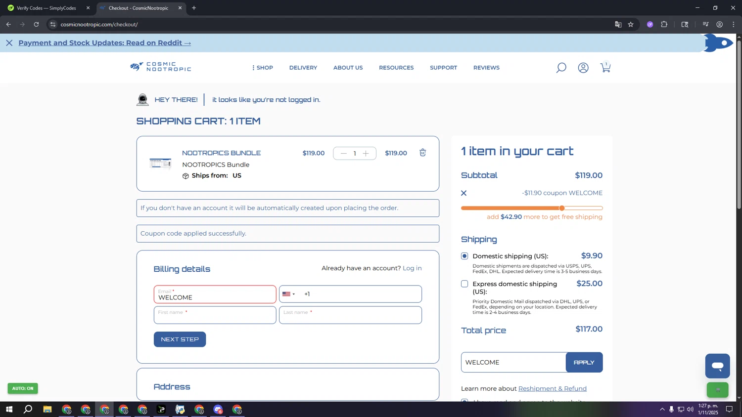 CosmicNootropic checkout page showing CosmicNootropic coupon code box | Screenshot taken by SimplyCodes community member on Nov 1, 2025