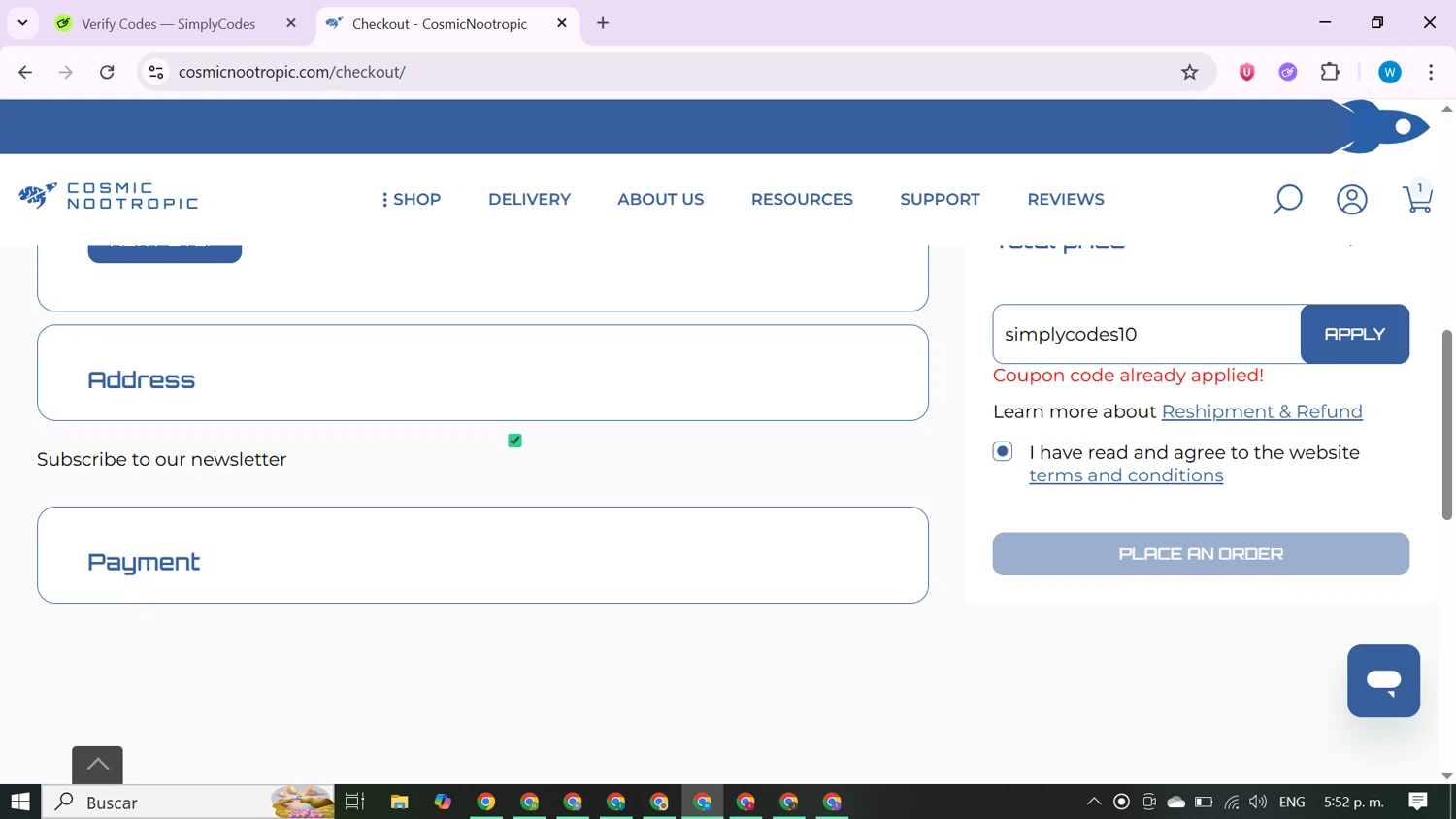 CosmicNootropic checkout page showing CosmicNootropic coupon code box | Screenshot taken by SimplyCodes community member on Oct 4, 2025