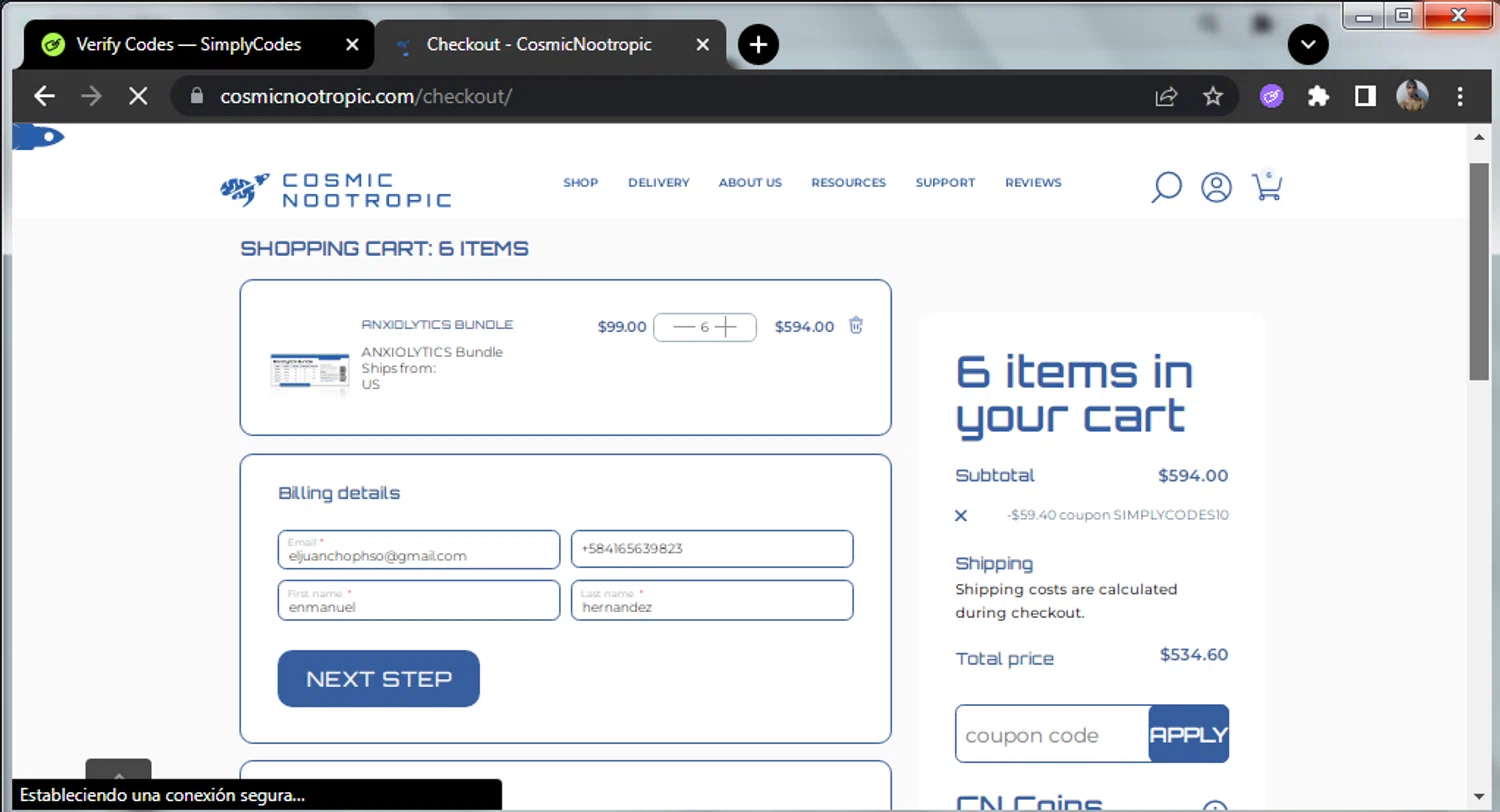 CosmicNootropic checkout page showing CosmicNootropic coupon code box | Screenshot taken by SimplyCodes community member on Oct 3, 2025