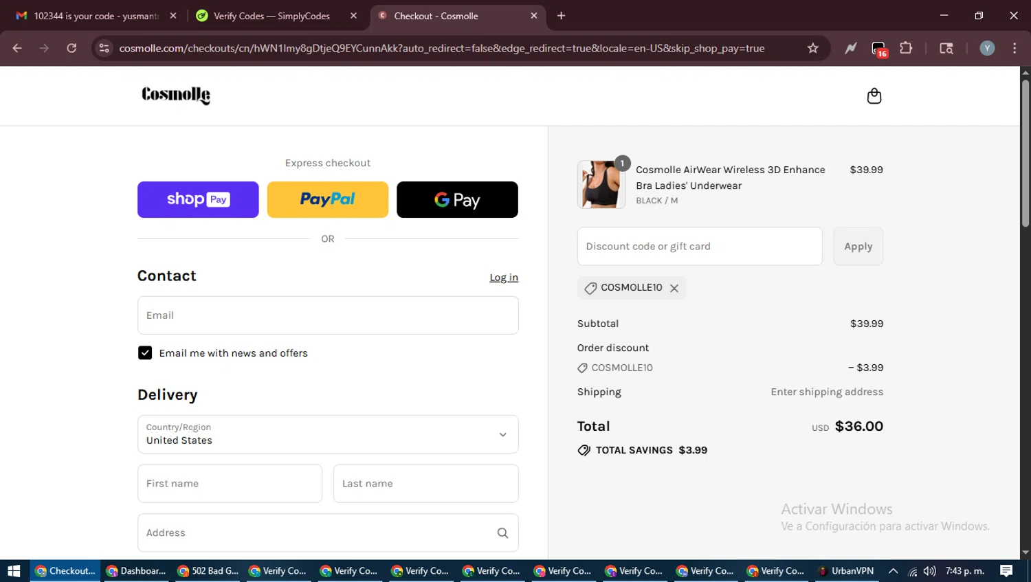 Cosmolle promo code screenshot showing code COSMOLLE10 applied at Cosmolle checkout page. Uploaded by SimplyCodes community member MoneyTiger5162 on Aug 13, 2025