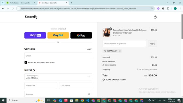 Cosmolle checkout page showing Cosmolle promo code box | Screenshot taken by SimplyCodes community member on Aug 27, 2025