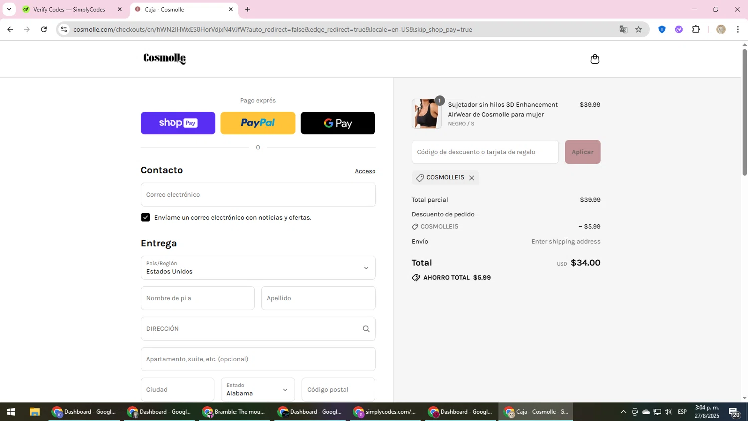 Cosmolle promo code screenshot showing code COSMOLLE15 applied at Cosmolle checkout page. Uploaded by SimplyCodes community member NobleScholar4826 on Aug 27, 2025