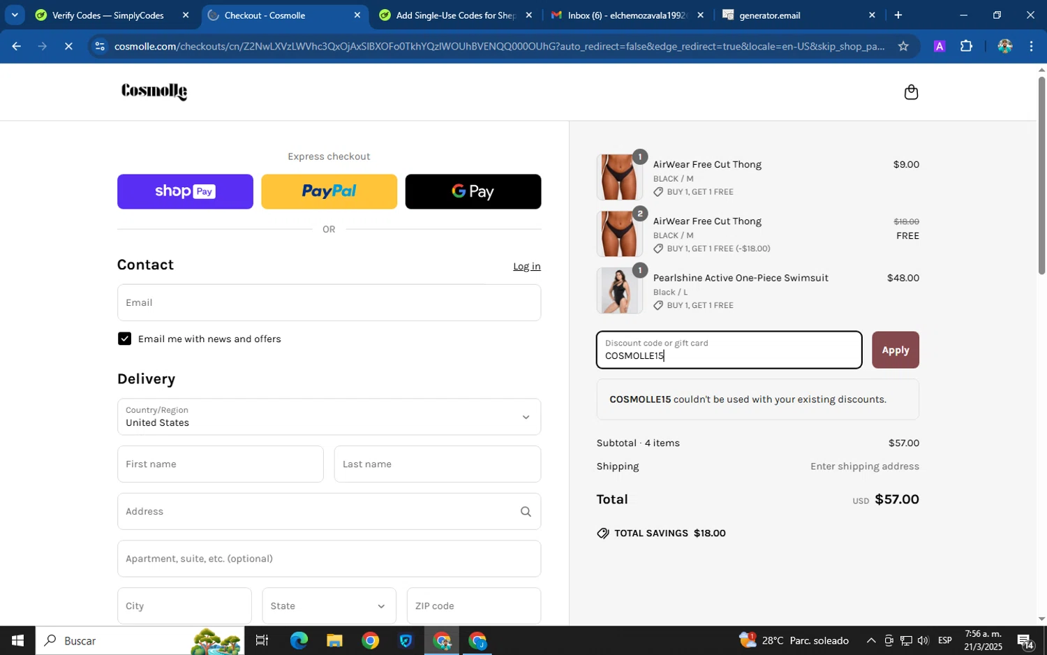 Cosmolle promo code screenshot showing code COSMOLLE15 applied at Cosmolle checkout page. Uploaded by SimplyCodes community member XemoGOD on Mar 21, 2025