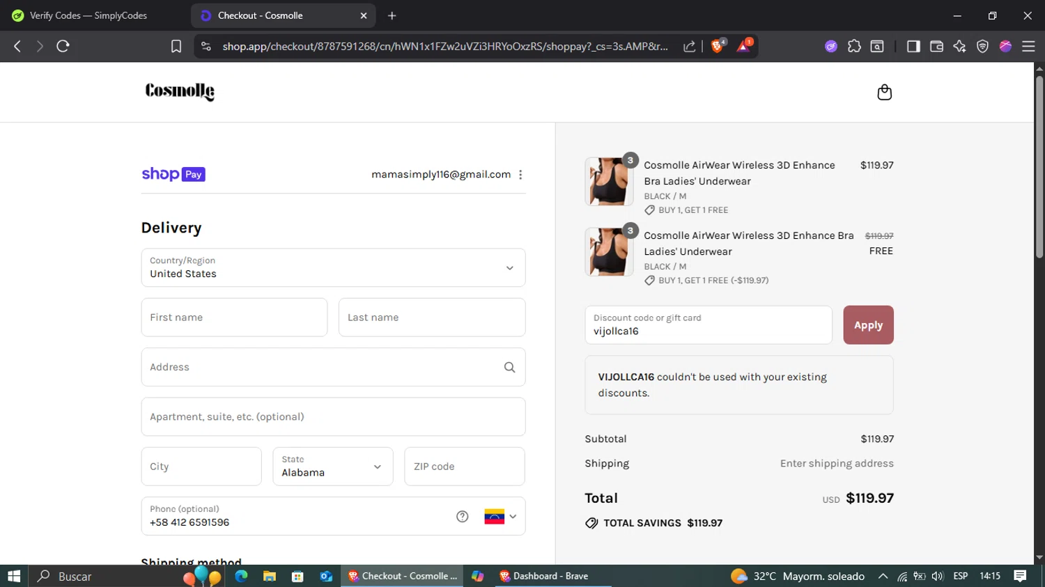Cosmolle promo code screenshot showing code vijollca16 applied at Cosmolle checkout page. Uploaded by SimplyCodes community member jairinho on Aug 18, 2025