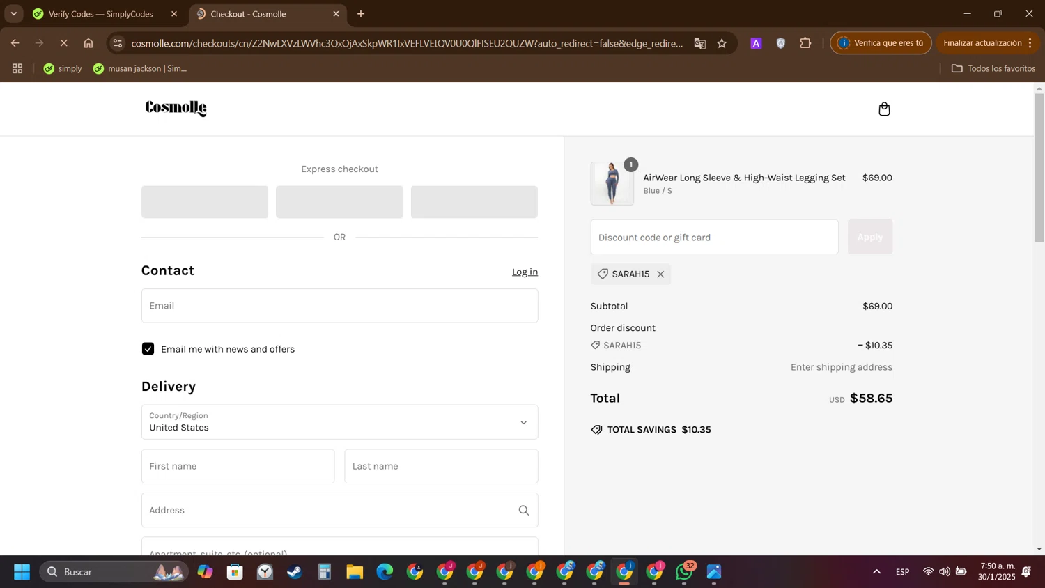 Cosmolle promo code screenshot showing code sarah15 applied at Cosmolle checkout page. Uploaded by SimplyCodes community member yameteqdasai on Jan 30, 2025