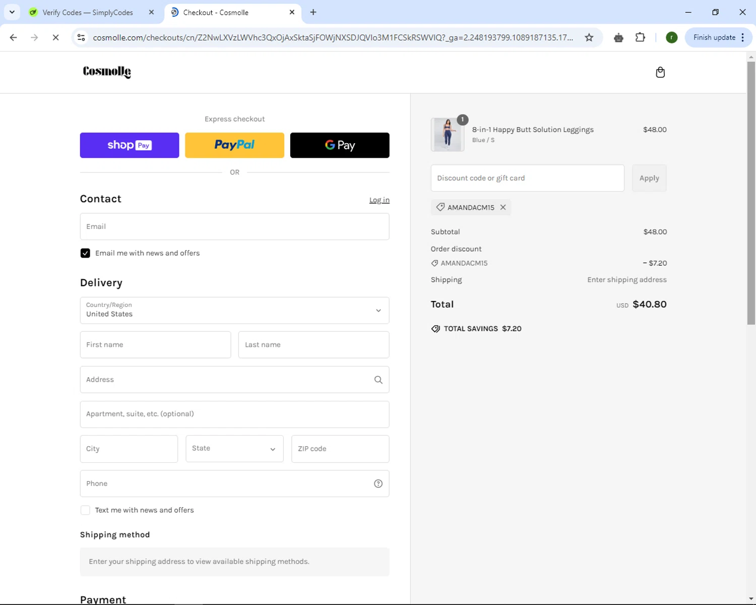 Cosmolle promo code screenshot showing code AMANDACM15 applied at Cosmolle checkout page. Uploaded by SimplyCodes community member GoldScout9735 on Feb 13, 2025