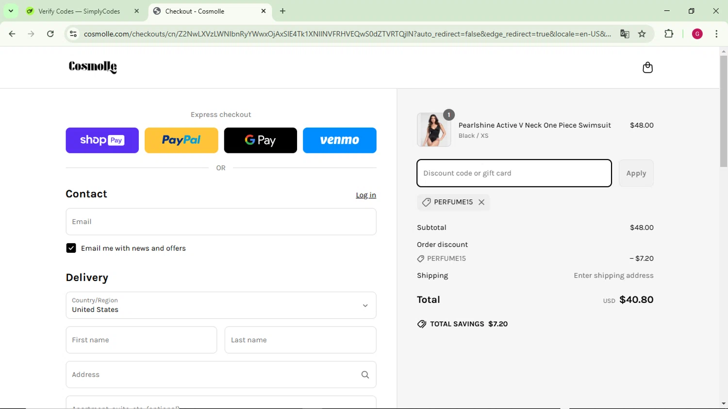 Cosmolle promo code screenshot showing code PERFUME15 applied at Cosmolle checkout page. Uploaded by SimplyCodes community member CrownFinder3074 on Mar 26, 2025