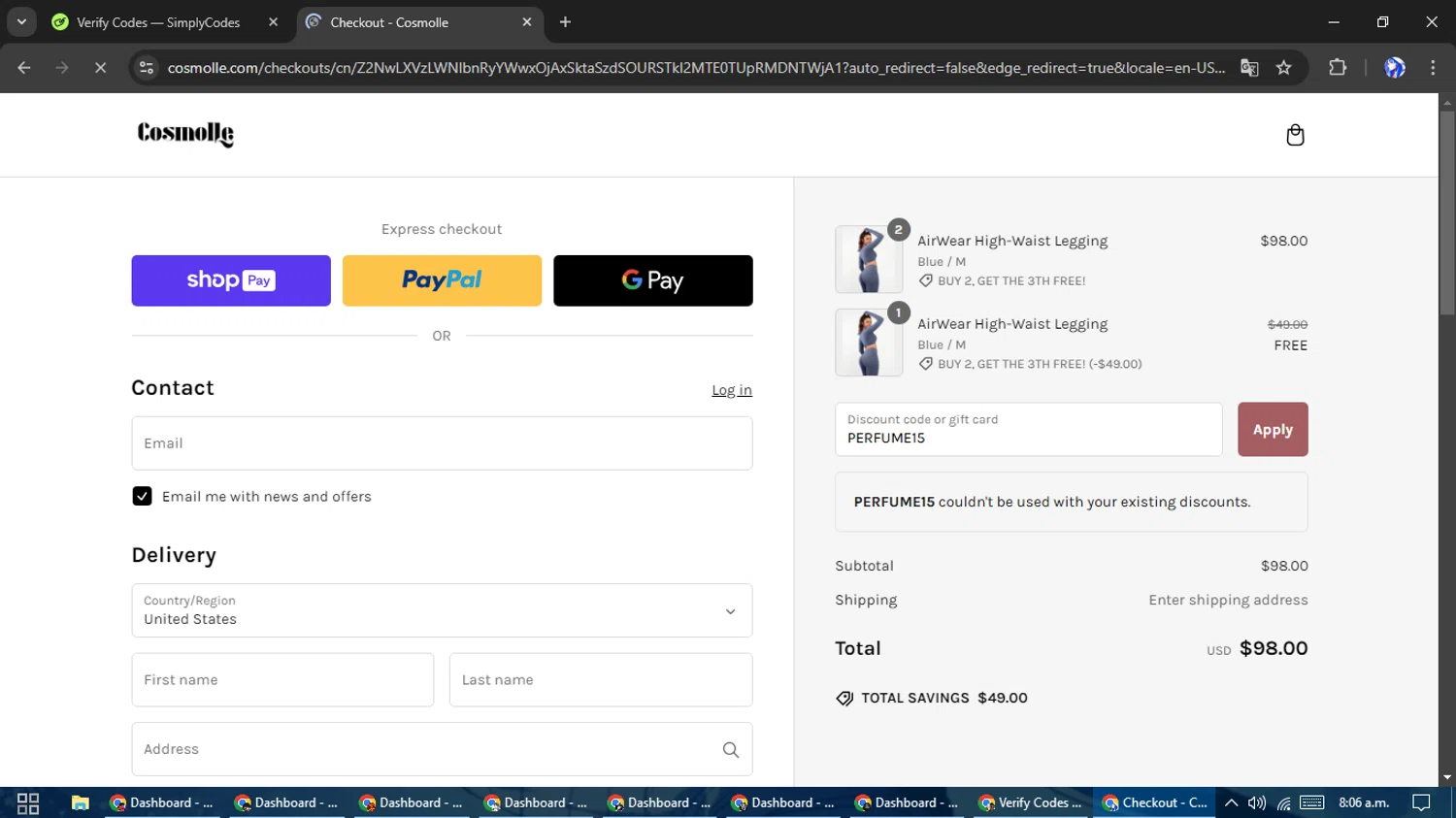 Cosmolle promo code screenshot showing code PERFUME15 applied at Cosmolle checkout page. Uploaded by SimplyCodes community member WiseHunter8213 on Feb 13, 2025