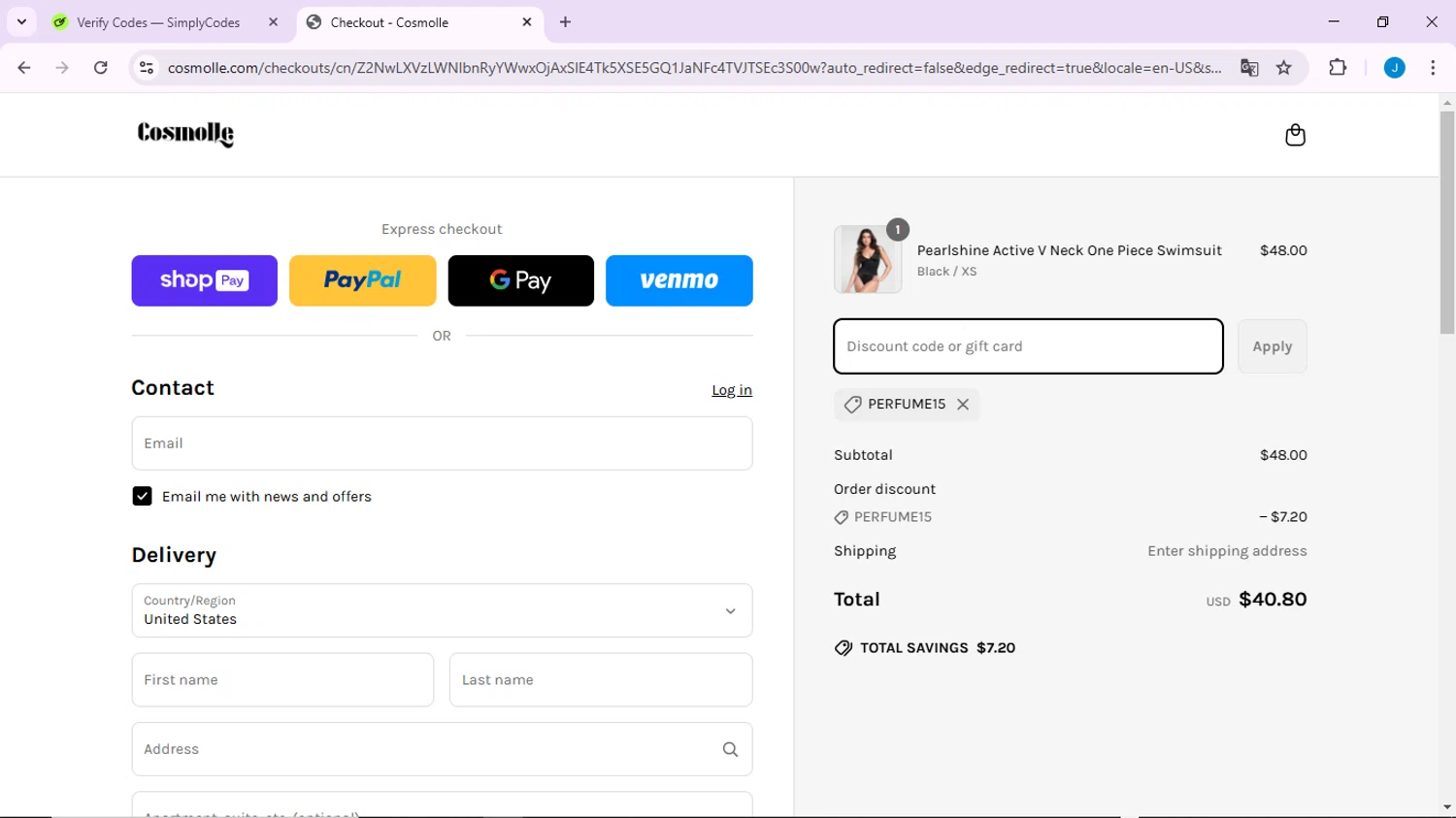 Cosmolle promo code screenshot showing code PERFUME15 applied at Cosmolle checkout page. Uploaded by SimplyCodes community member CodeLynx3161 on Mar 26, 2025