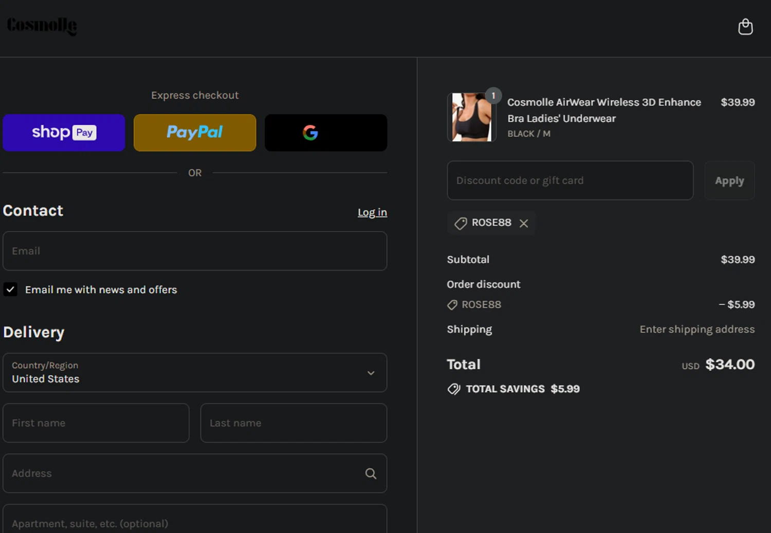 Cosmolle promo code screenshot showing code ROSE88 applied at Cosmolle checkout page. Uploaded by SimplyCodes community member Pollofrito on Aug 23, 2025