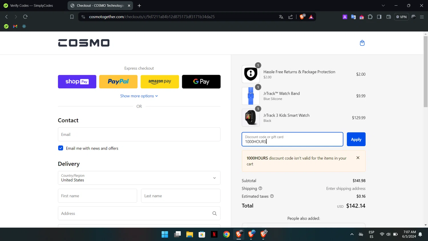 COSMO Technologies checkout page showing COSMO Technologies promo code box | Screenshot taken by SimplyCodes community member on Jun 5, 2024