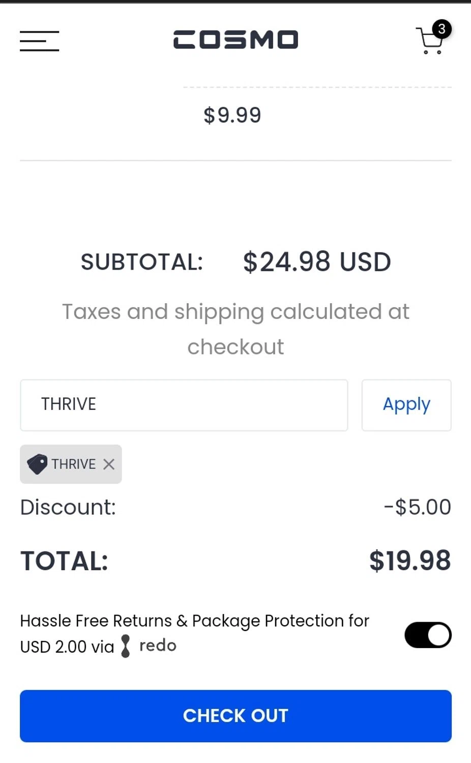 COSMO Technologies checkout page showing COSMO Technologies promo code box | Screenshot taken by SimplyCodes community member on May 21, 2024