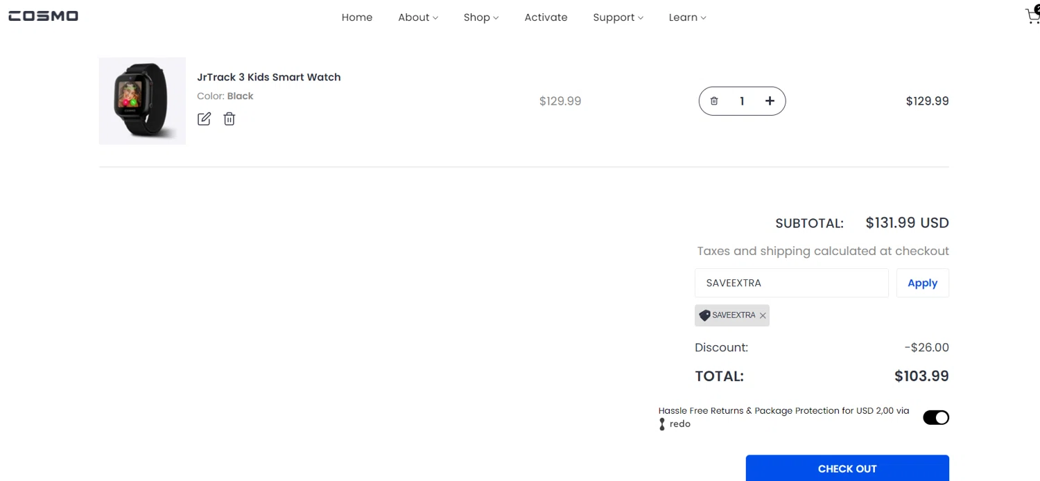 COSMO Technologies checkout page showing COSMO Technologies promo code box | Screenshot taken by SimplyCodes community member on May 28, 2024