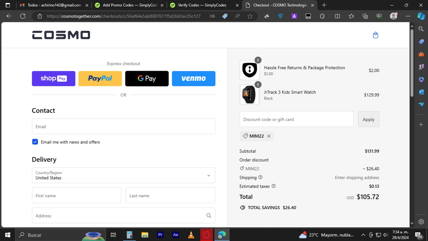 COSMO Technologies checkout page showing COSMO Technologies promo code box | Screenshot taken by SimplyCodes community member on Apr 29, 2024