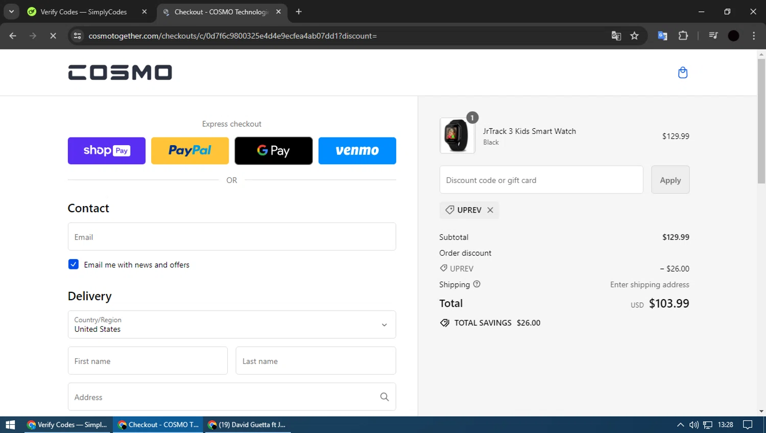 COSMO Technologies checkout page showing COSMO Technologies promo code box | Screenshot taken by SimplyCodes community member on May 1, 2024