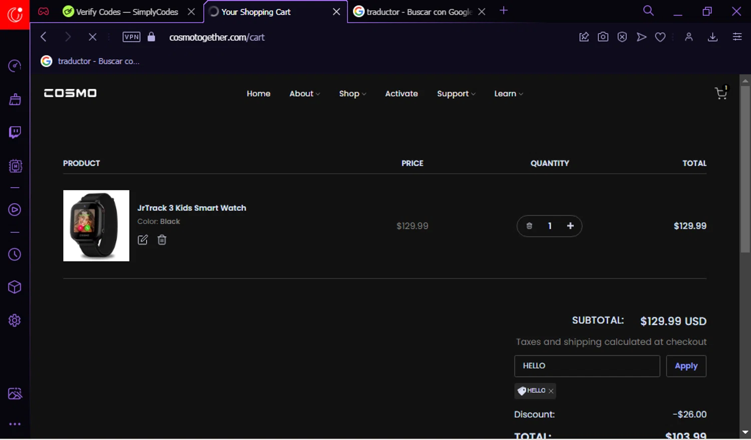 COSMO Technologies checkout page showing COSMO Technologies promo code box | Screenshot taken by SimplyCodes community member on Apr 30, 2024