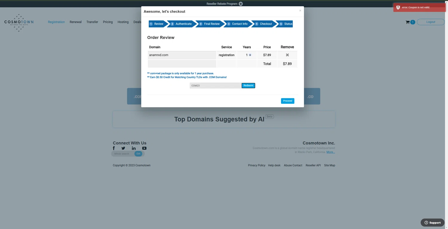 Cosmotown discount code screenshot showing code COM23 applied at Cosmotown checkout page. Uploaded by SimplyCodes community member Tenmyoldy on Feb 7, 2025