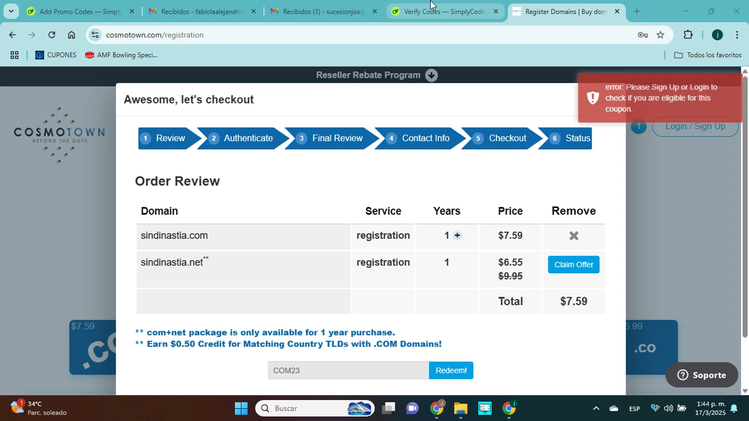 Cosmotown discount code screenshot showing code COM23 applied at Cosmotown checkout page. Uploaded by SimplyCodes community member jorgejavierherrera on Mar 17, 2025