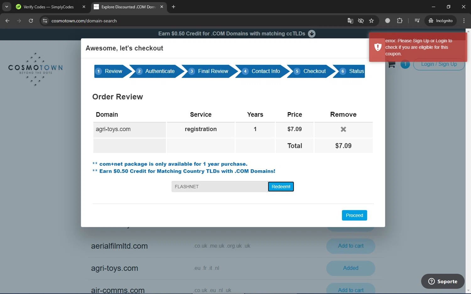 Cosmotown discount code screenshot showing code FLASHNET applied at Cosmotown checkout page. Uploaded by SimplyCodes community member LassoReyes on Feb 28, 2025