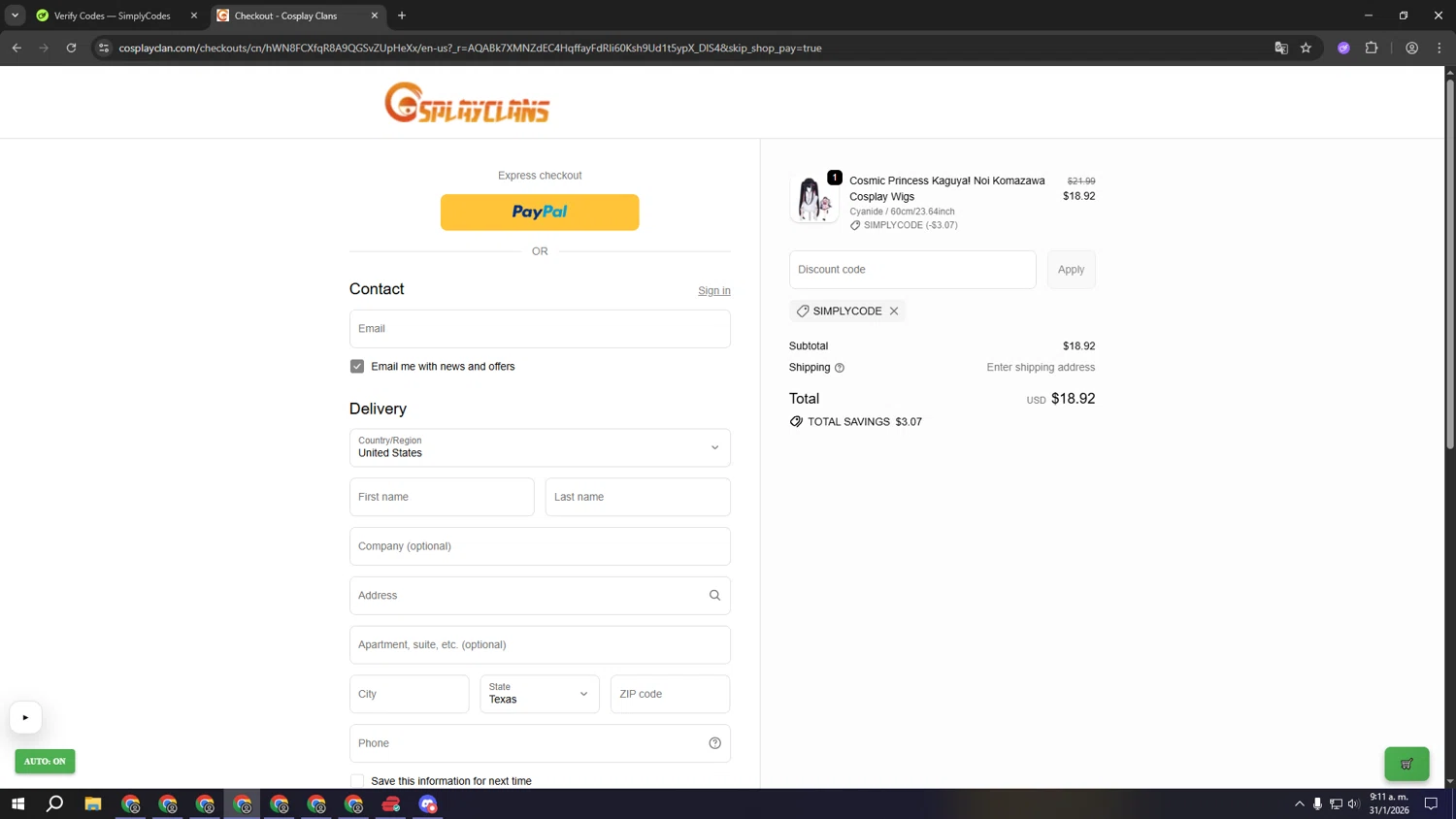 Cosplay Clan promo code screenshot showing code SIMPLYCODE applied at Cosplay Clan checkout page. Uploaded by SimplyCodes community member gggggggggggggggggggggg on Jan 31, 2026