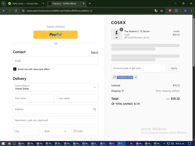 COSRX checkout page showing COSRX discount code box | Screenshot taken by SimplyCodes community member on Sep 15, 2025