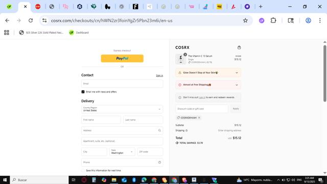 COSRX checkout page showing COSRX discount code box | Screenshot taken by SimplyCodes community member on Sep 15, 2025