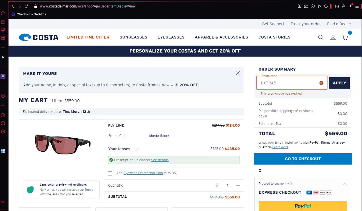 Costa Sunglasses promo code screenshot showing code EXTRA5 applied at Costa Sunglasses checkout page. Uploaded by SimplyCodes community member BitPay on Mar 3, 2025