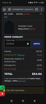 Costa Sunglasses coupon verification screenshot