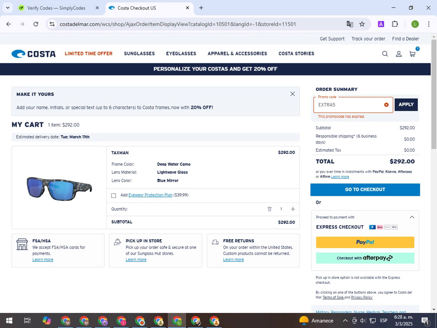 Costa Sunglasses promo code screenshot showing code EXTRA5 applied at Costa Sunglasses checkout page. Uploaded by SimplyCodes community member BargainEagle9039 on Mar 3, 2025