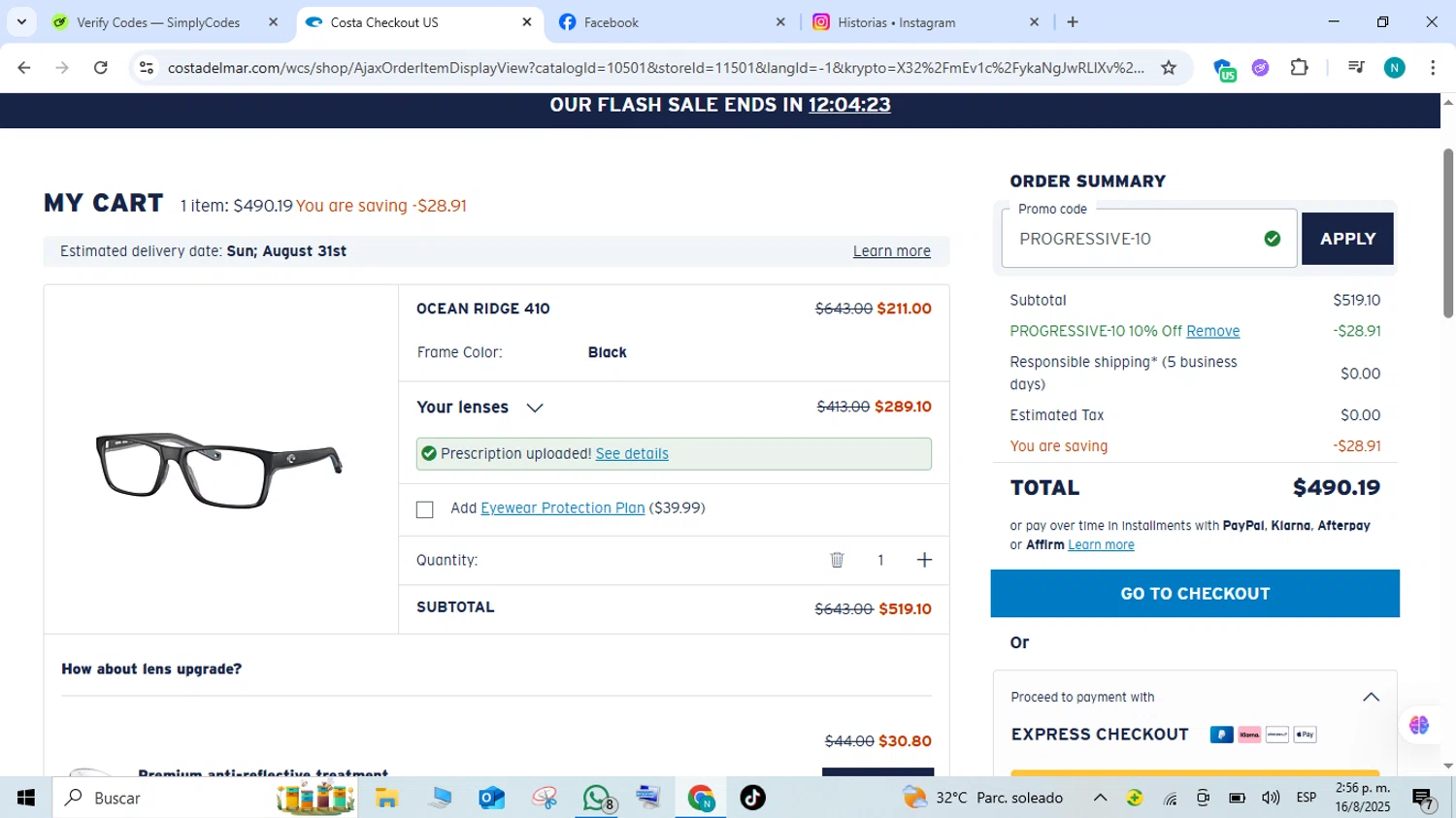 Costa Sunglasses promo code screenshot showing code PROGRESSIVE-10 applied at Costa Sunglasses checkout page. Uploaded by SimplyCodes community member FortunateEagle7007 on Aug 16, 2025