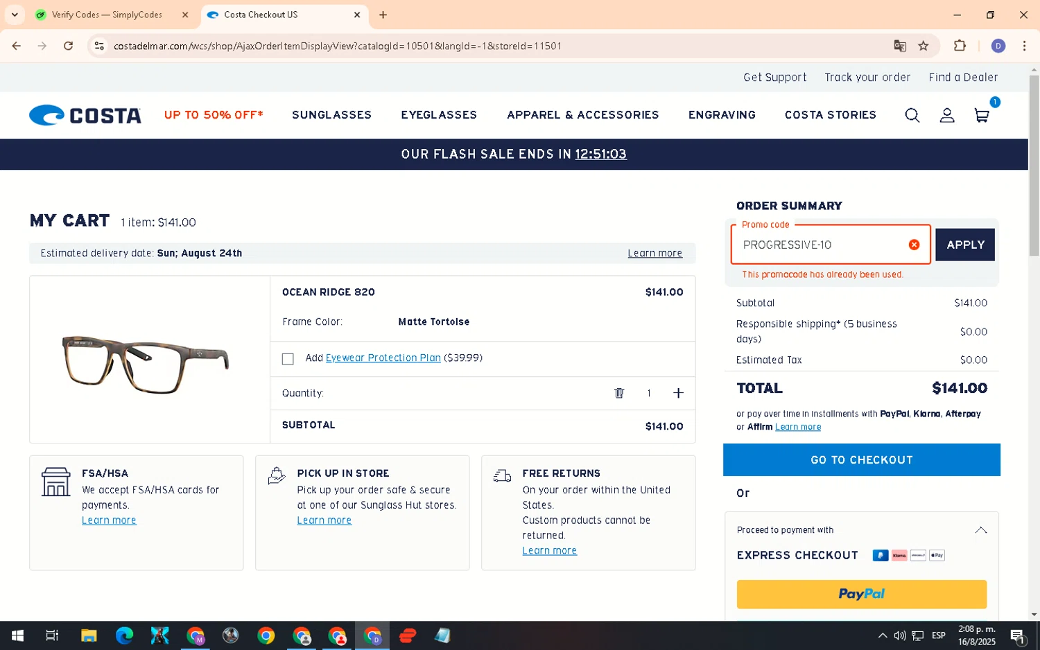 Costa Sunglasses promo code screenshot showing code PROGRESSIVE-10 applied at Costa Sunglasses checkout page. Uploaded by SimplyCodes community member PennyCurator6489 on Aug 16, 2025