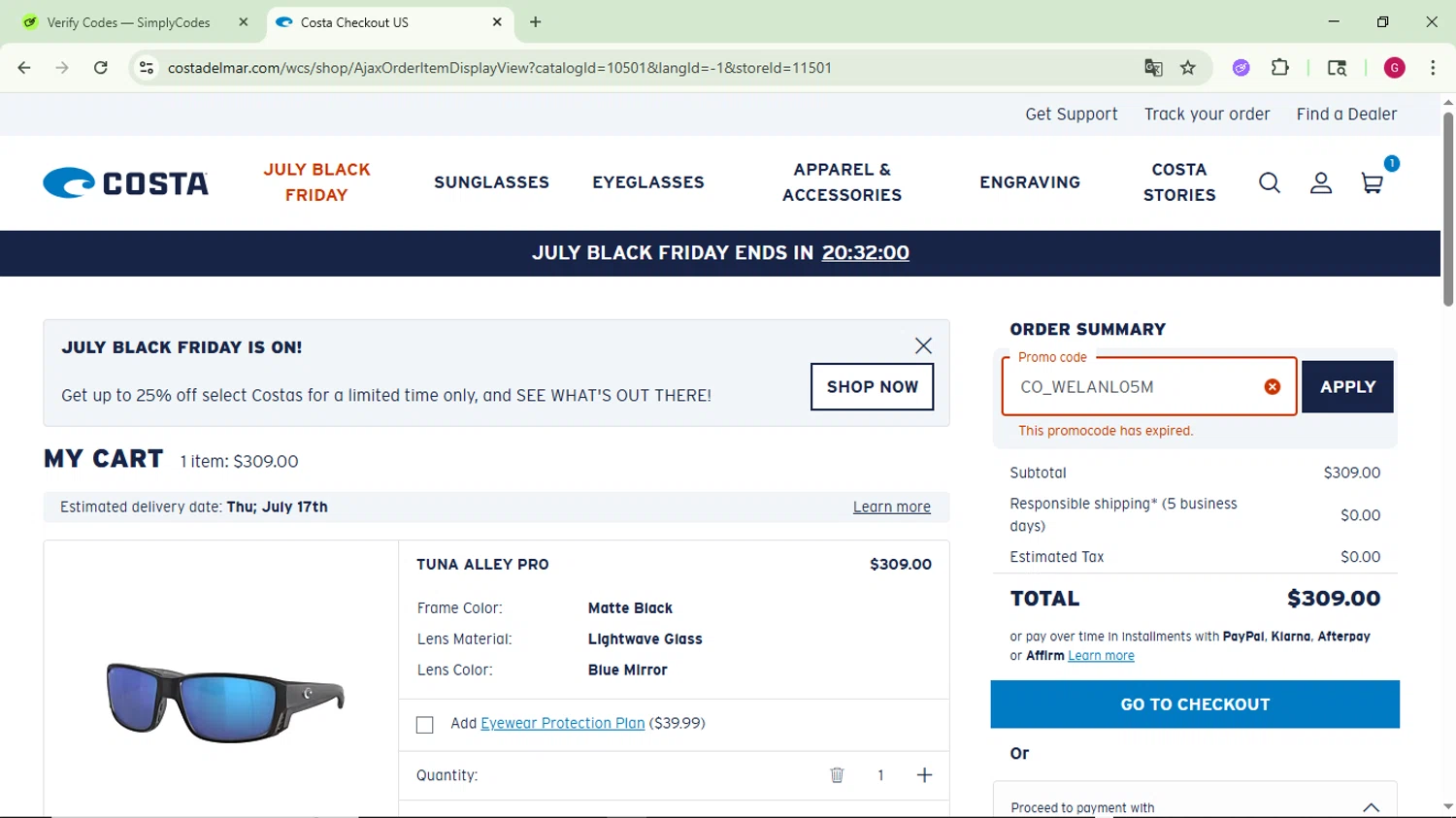 Costa Sunglasses promo code screenshot showing code CO_WELANL05M applied at Costa Sunglasses checkout page. Uploaded by SimplyCodes community member CrownFinder3074 on Jul 11, 2025