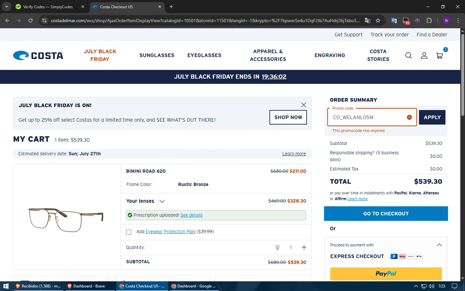 Costa Sunglasses promo code screenshot showing code CO_WELANL05M applied at Costa Sunglasses checkout page. Uploaded by SimplyCodes community member usuario500 on Jul 11, 2025