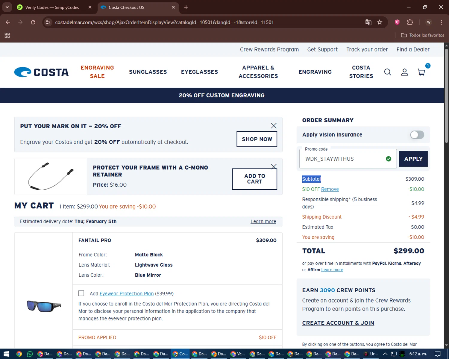 Costa Sunglasses checkout page showing Costa Sunglasses promo code box | Screenshot taken by SimplyCodes community member on Jan 30, 2026