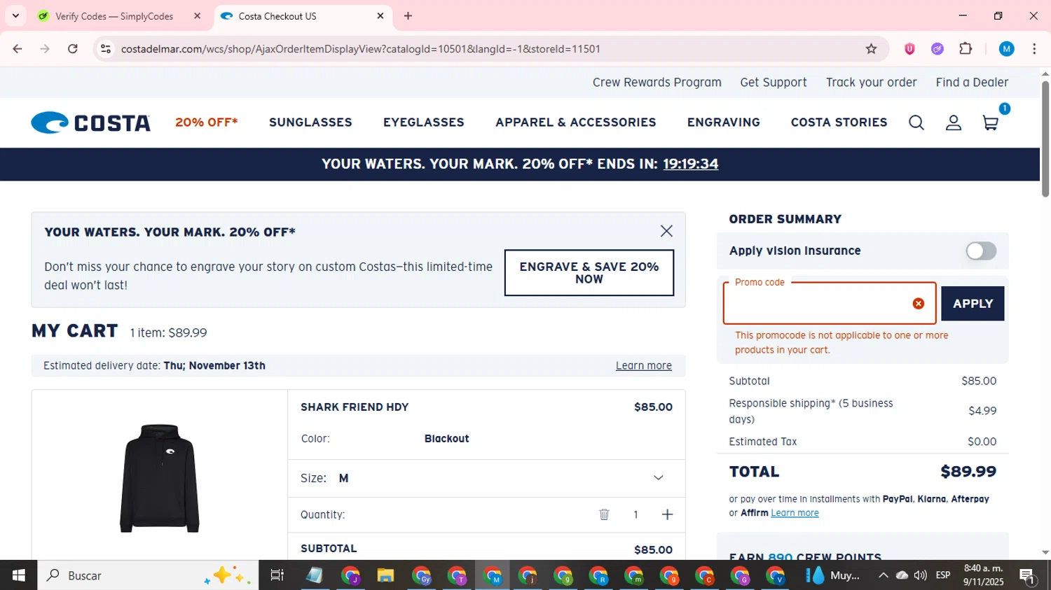 Costa Sunglasses promo code screenshot showing code WDK_STAYWITHUS applied at Costa Sunglasses checkout page. Uploaded by SimplyCodes community member LegendaryCurator1585 on Nov 9, 2025
