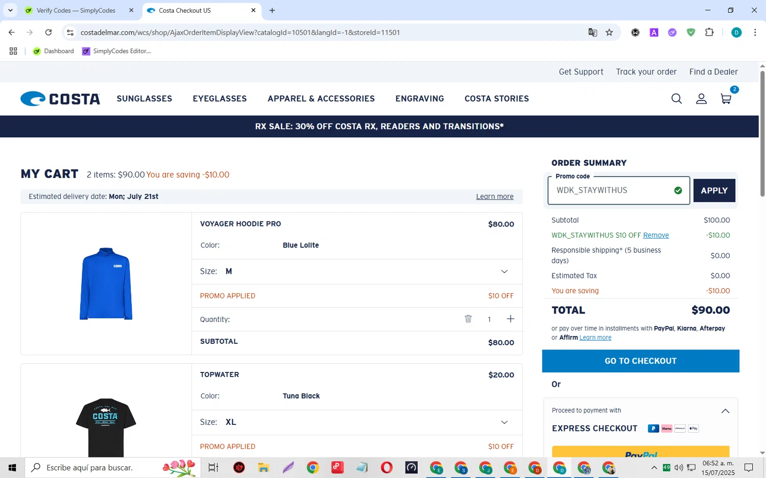 Costa Sunglasses promo code screenshot showing code WDK_STAYWITHUS applied at Costa Sunglasses checkout page. Uploaded by SimplyCodes community member MagnificentCollector5368 on Jul 15, 2025