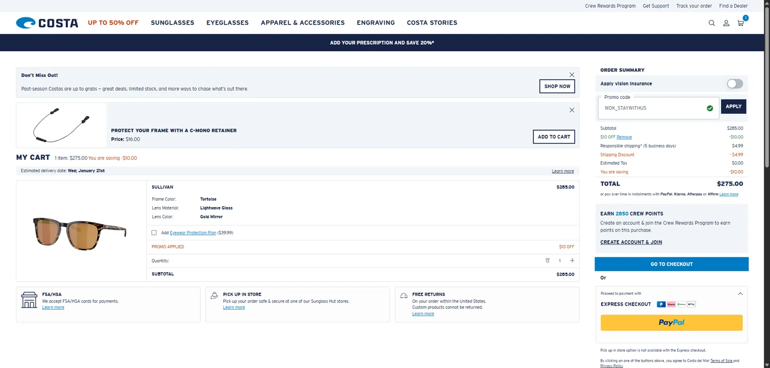Costa Sunglasses checkout page showing Costa Sunglasses promo code box | Screenshot taken by SimplyCodes community member on Jan 15, 2026